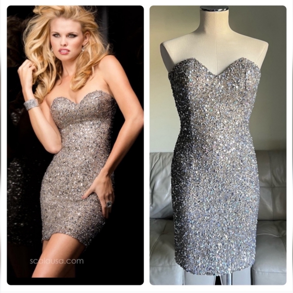 Scala Sequin Silk Beaded Mini Dress Sz 2 Strapless Sweetheart Neckline Silver